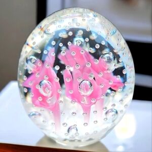 Joe Rice 1990 Vintage Oval Pink Floral Controlled Bubble Art Glass Paperweight